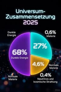 Universum 2025: 68 % Dunkle Energie, 27 % Dunkle Materie, 4,6 % Normale Materie (Neon-Pie-Chart)