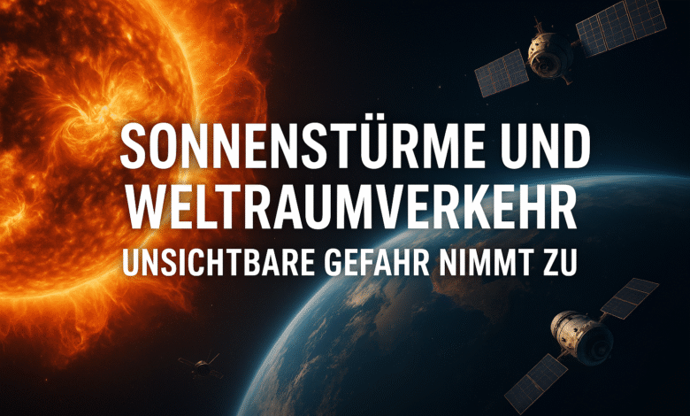 Illustration eines Sonnensturms im Weltraum – Bedrohung für Satelliten und Raumfahrt