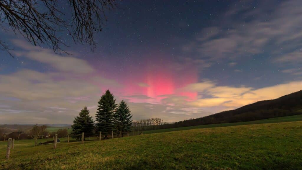 Polarlichter in Deutschland sichtbar in der Nacht vom 10.-11. Dezember 2025 5 "11.12.2025 um 3.19 Uhr am heimischen Dreitannenblick in 99759 (Nordwestthüringen) Eigentlich wollte ich die Kamera gar nicht hinstellen wegen der Wolken, bin jetzt aber sehr froh, es trotzdem gemacht zu haben. Der Mond stand genau richtig und hat die Szenerie schön ausgeleuchtet." Bild: Evelin Krahl
