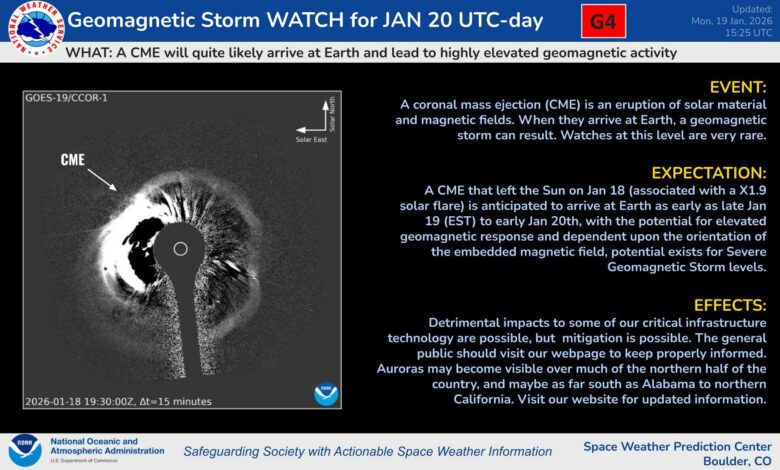 G4 Watch in effect for 20 Jan UTC-day (late 19 Jan EST to early 20 Jan EST) due to anticipated CME arrival at Earth. We will make a video update later this afternoon about this activity. Look for the latest info & updates by staying space weather aware at space.weather.gov