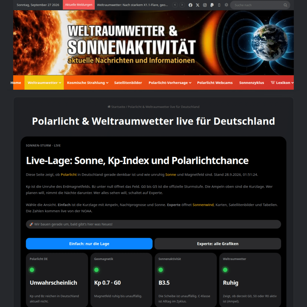 Neues Design und Funktionen - Weltraumwetter live - Desktop