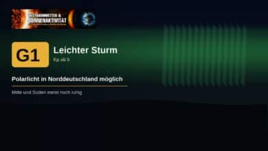 G1, leichter geomagnetischer Sturm. Polarlicht in Norddeutschland möglich, Mitte und Süden meist noch ruhig.