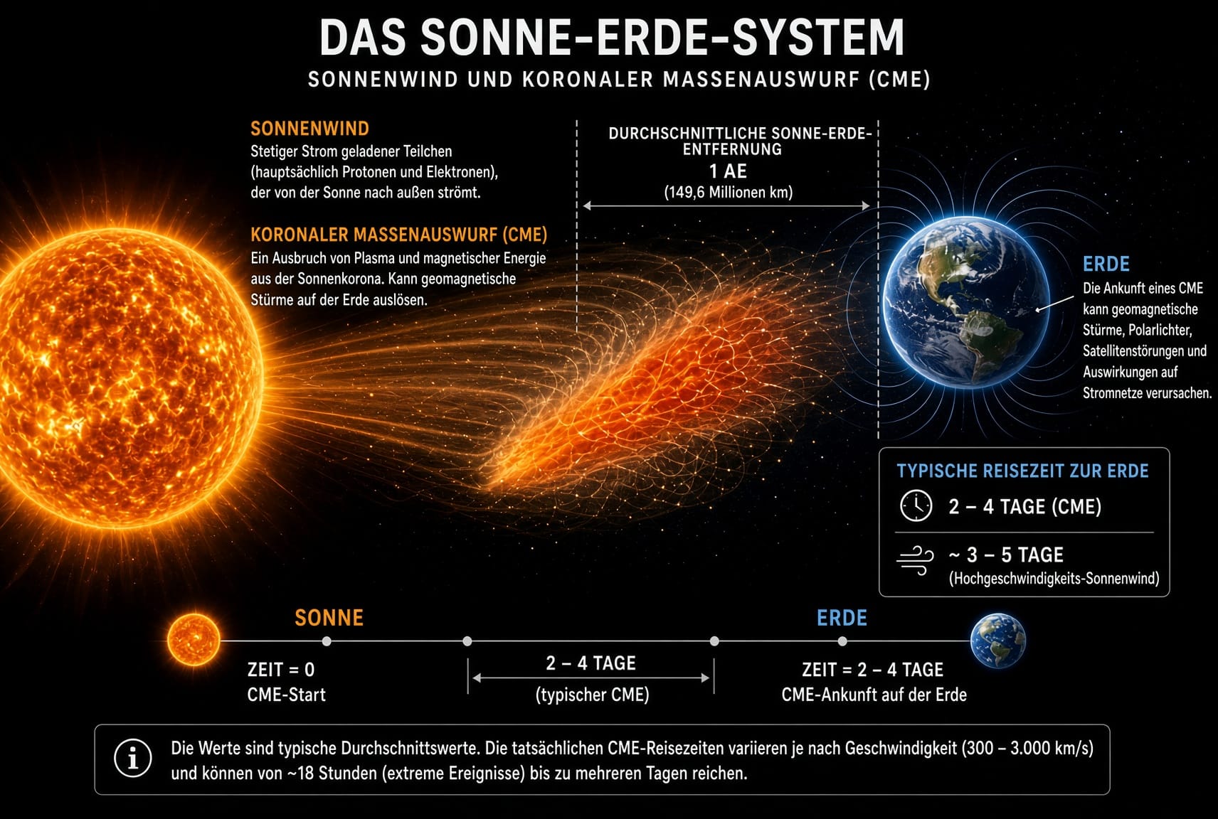 Infografik: Sonne-Erde-System &ndash; Wie lange braucht ein CME zur Erde? Reisezeit 2&ndash;4 Tage